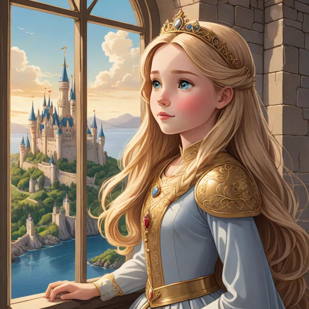 a beautiful blonde haired girl looking out a window at a castle with a castle in the background and a castle in the background, a storybook illustration, disney, fantasy art, official art