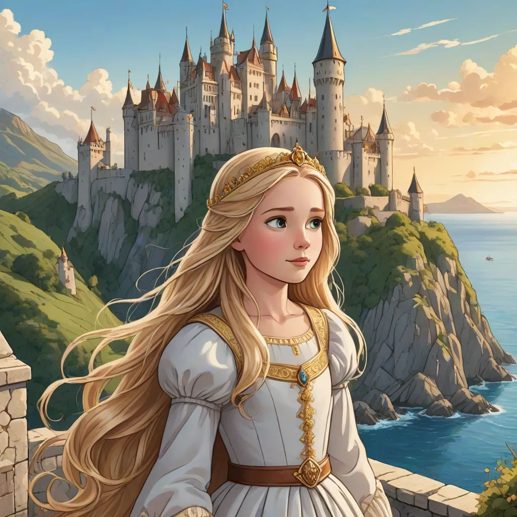a girl in a white dress standing in front of a castle with a castle in the background and a body of water, a storybook illustration, disney, fantasy art, kinkade