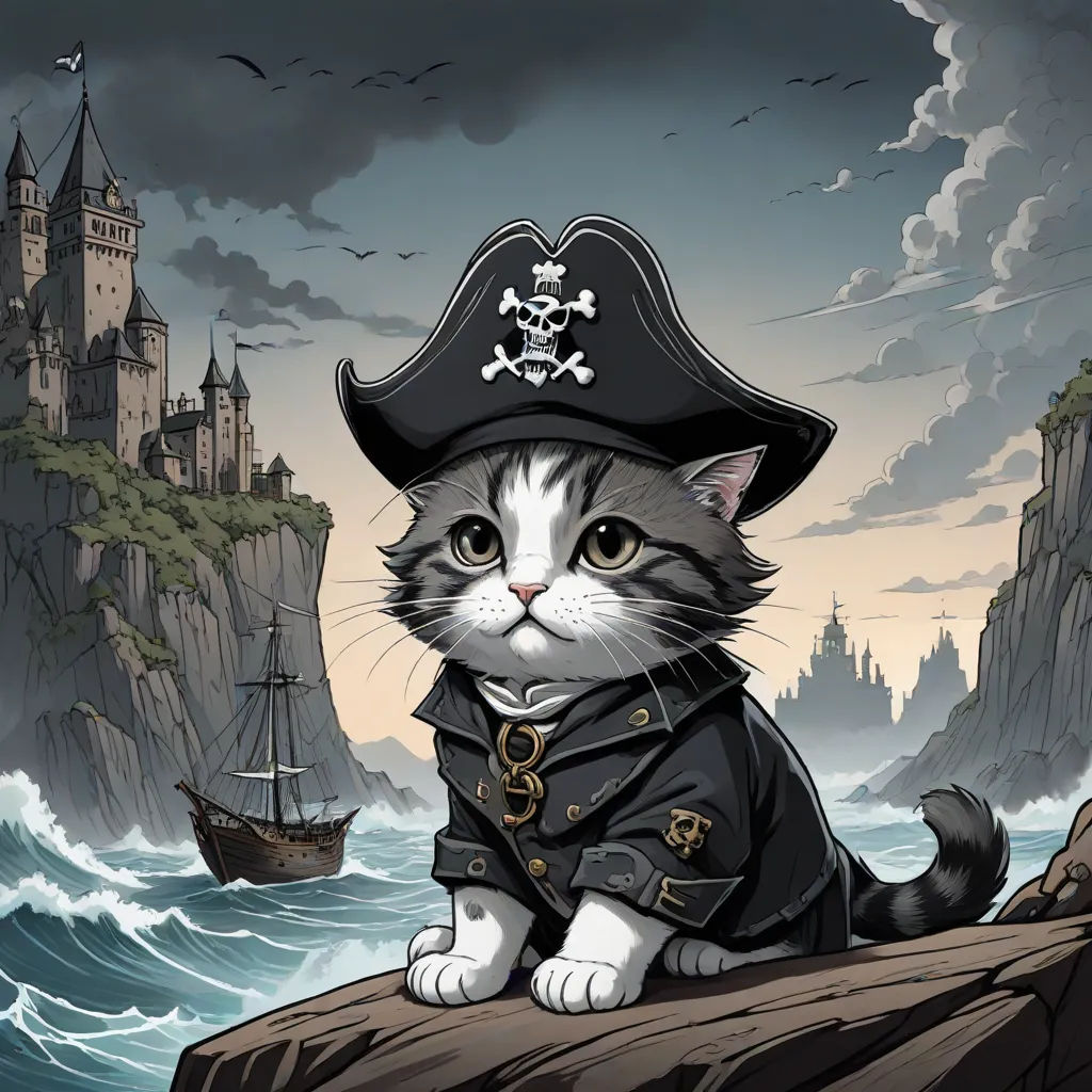 a cat wearing a pirate hat sitting on a rock near a boat in the ocean and a castle in the background, a storybook illustration, Chris Rallis, fantasy art, fantasy artwork