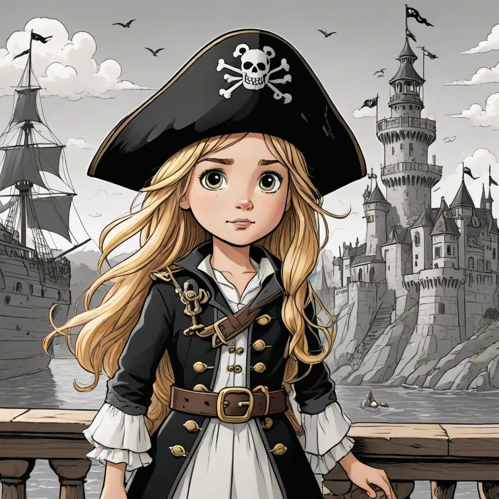 a cartoon girl in a pirate costume standing on a balcony with a castle in the background and a pirate ship in the foreground, a storybook illustration, Cliff Childs, fantasy art, bravely default inspired