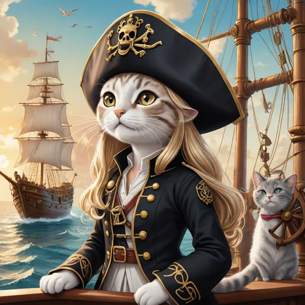 a cat in a pirate costume standing next to a cat on a boat in the ocean with a pirate ship in the background, a character portrait, Anne Stokes, fantasy art, highly detailed digital painting