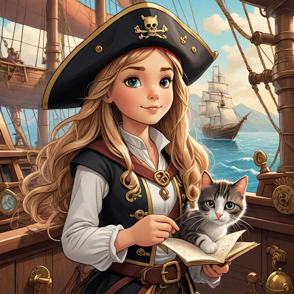 a girl in a pirate costume holding a cat on a ship deck with a ship in the background and a cat sitting on a book, a storybook illustration, Charlie Bowater, fantasy art, character portrait