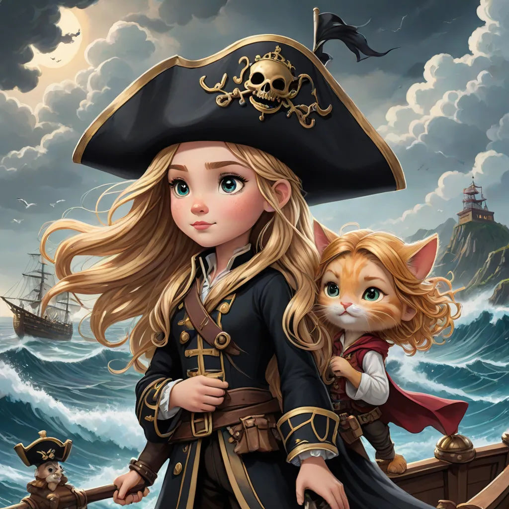 a girl in a pirate costume holding a cat on a boat in the ocean with a pirate ship in the background, a storybook illustration, Anne Stokes, fantasy art, highly detailed digital painting