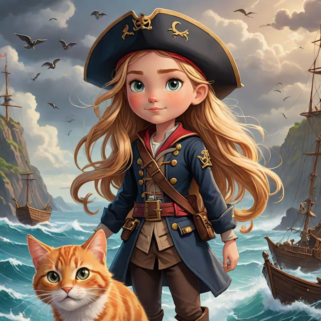 a girl in a pirate outfit standing next to a cat on a ship in the ocean with a ship in the background, a character portrait, Anne Stokes, fantasy art, highly detailed digital painting