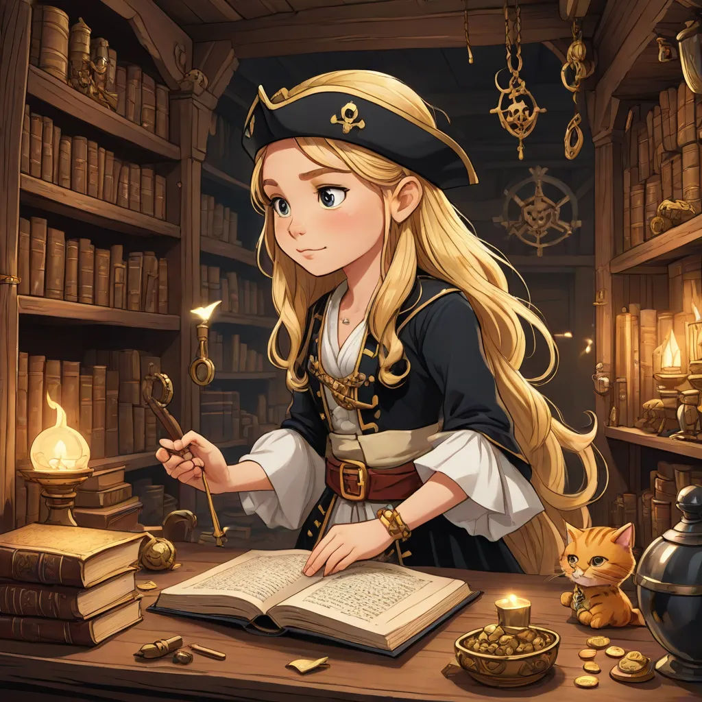 a girl in a pirate costume is reading a book in a library with a cat nearby and a lamp on the table, a character portrait, Cliff Childs, fantasy art, fantasy artwork
