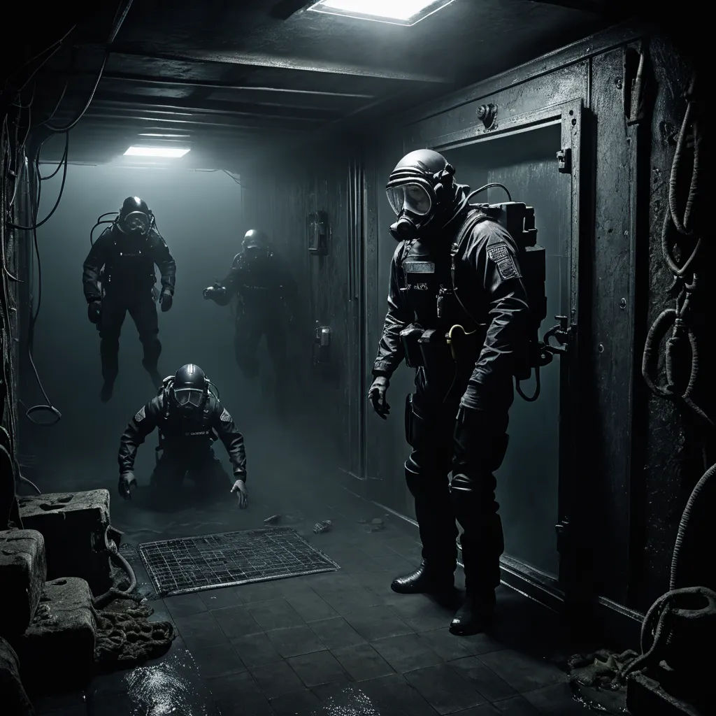 a man in a gas mask standing in a room with other men in scuba suits and diving gear in the background, nuclear art, concept art, Filip Hodas, promotional image