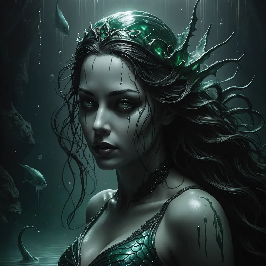a woman with a green headpiece and a fish in her hair is standing in the water with a fish in her hair, gothic art, a digital painting, Charlie Bowater, dark fantasy art