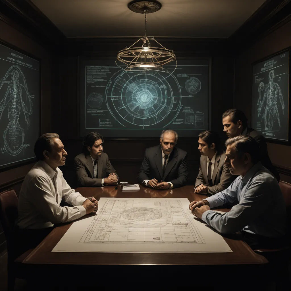 a group of men sitting around a table in front of a projection screen with a diagram on it and a light fixture hanging above, assemblage, a jigsaw puzzle, Daryush Shokof, promotional image