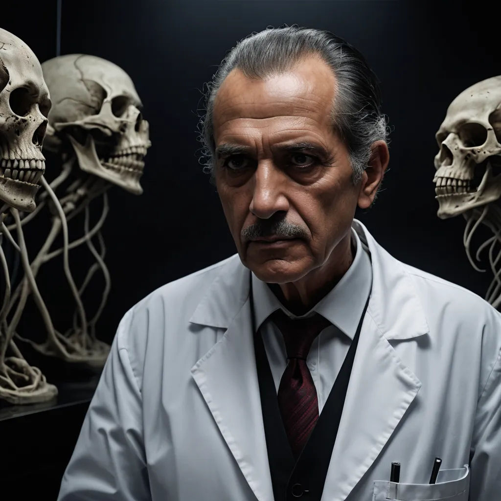 a man in a lab coat standing in front of a group of human heads with a glass of wine, neoplasticism, a character portrait, Dirk Crabeth, promotional image