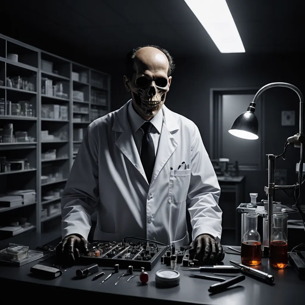 a man in a lab coat and glasses working on a machine in a dark room with shelves of medicine supplies, neoplasticism, a stock photo, Dirk Crabeth, anatomical