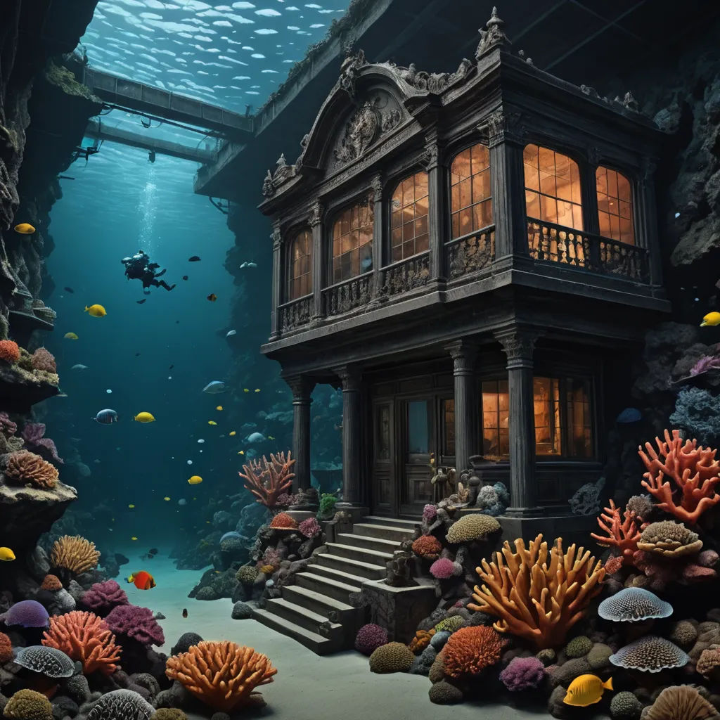 a house in the middle of a sea with a lot of corals and other things around it and a scuba diver, fantastic realism, a digital rendering, Chris LaBrooy, behance hd