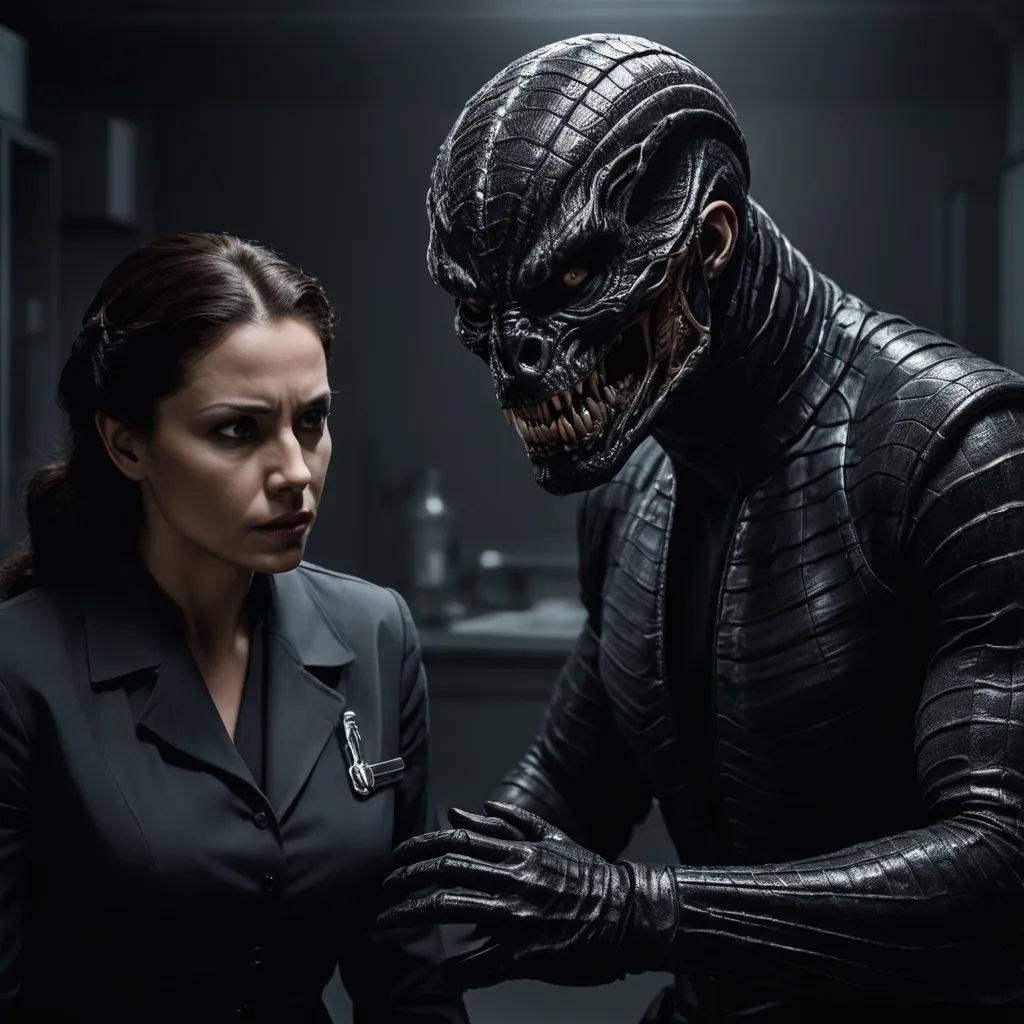 a woman in a black suit and a man in a black suit in a dark room with a black alien head, international gothic, a character portrait, Dirk Crabeth, vfx