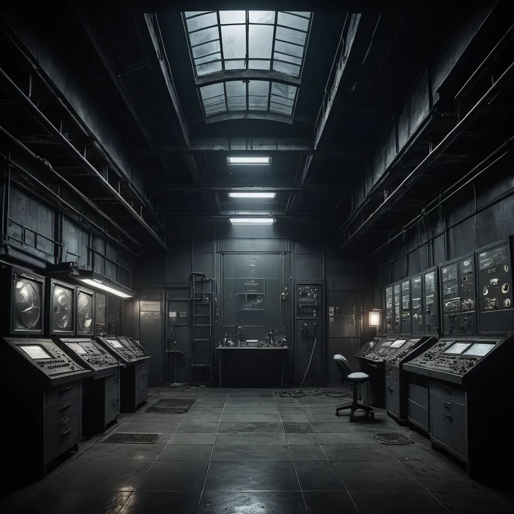 a dark room with a lot of lights and a lot of machines on the wall and floor and a window, brutalism, a detailed matte painting, Arie Smit, vfx
