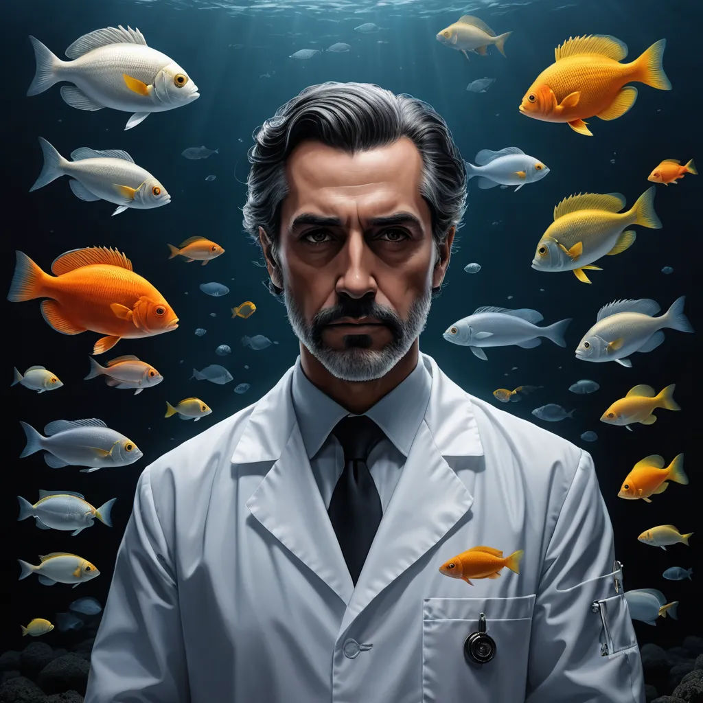 a man in a lab coat surrounded by fish in a dark room with a light shining on him and a fish in the water, neoplasticism, a character portrait, Diego Gisbert Llorens, lostfish