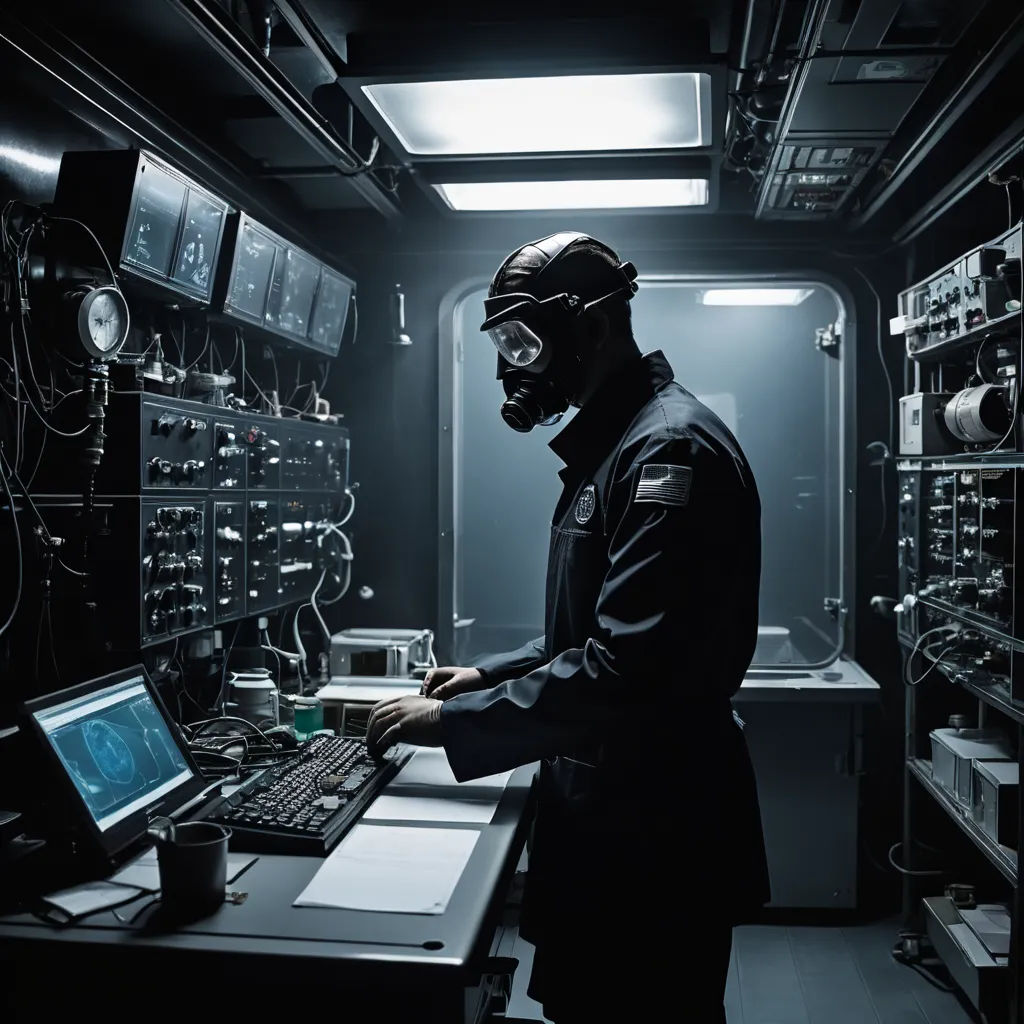a man in a dark room with a computer and a lot of wires on the wall and a lot of monitors, nuclear art, a stock photo, Filip Hodas, biopunk