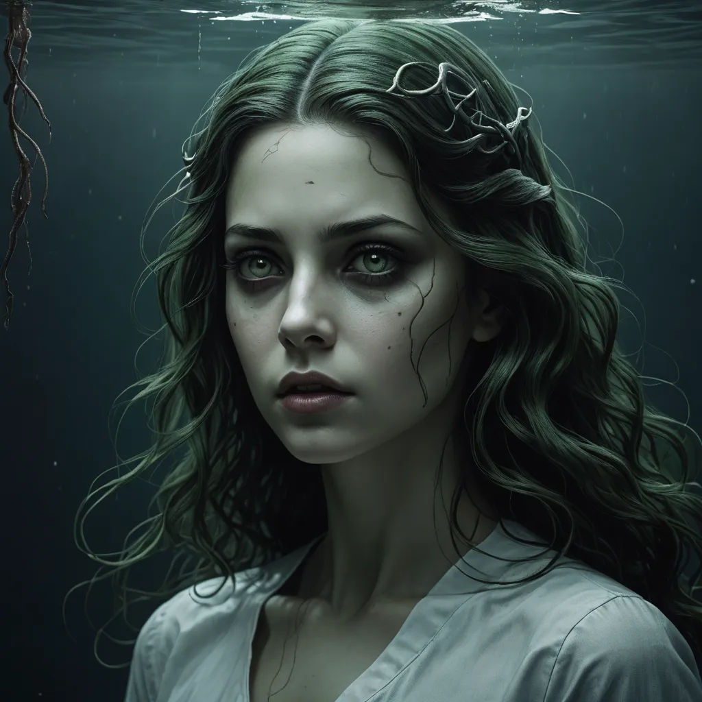 a woman with long hair and a crown on her head under water with a jelly floating in her hair, gothic art, a photorealistic painting, Bastien L. Deharme, highly detailed digital painting