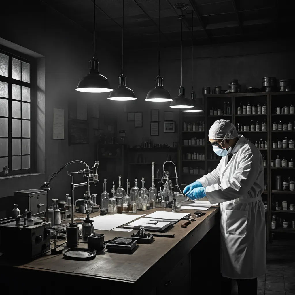 a man in a lab coat and gloves working on a table with bottles on it and lights hanging above, neoplasticism, a stock photo, Christian W. Staudinger, rembrandt lighting