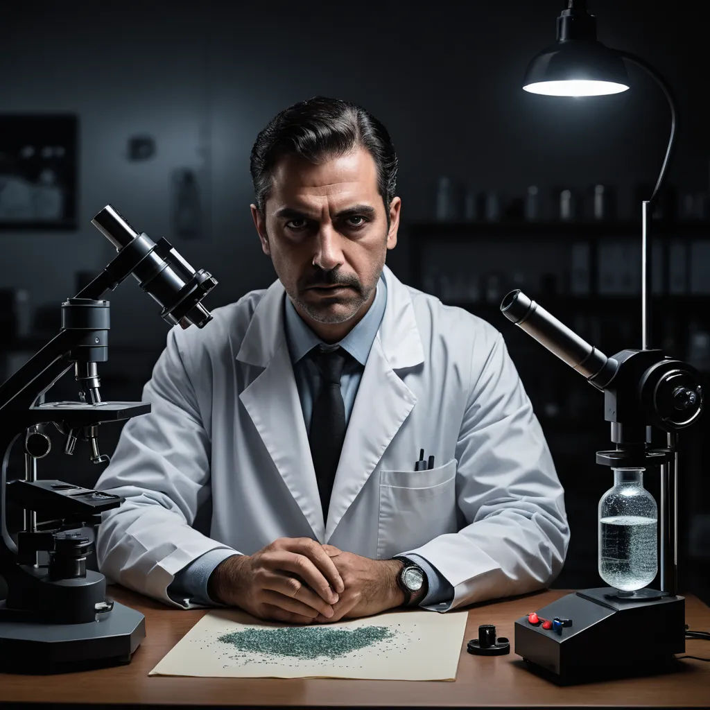 a man in a lab coat sitting at a table with microscopes and a book on it, with a microscope in front of him, new objectivity, a character portrait, Ahmed Karahisari, promotional image