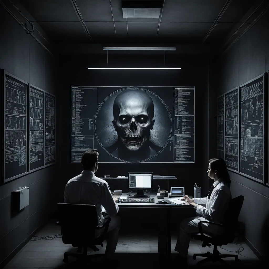 two people sitting at a desk in a dark room with a skull on the wall behind them and a computer screen on the wall, les automatistes, cyberpunk art, Dirk Crabeth, dystopian art