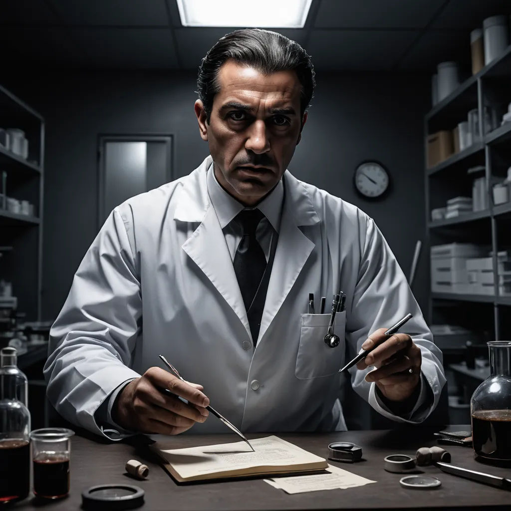 a man in a lab coat holding a pen and writing on a piece of paper in front of a desk, neoplasticism, a character portrait, Arthur Sarkissian, promotional image