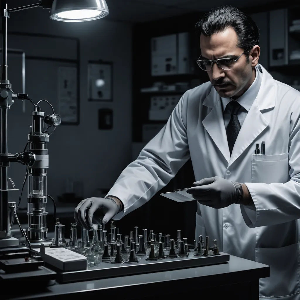 a man in a lab coat is playing chess with a microscope and a light on the table behind him, les automatistes, a stock photo, Arthur Sarkissian, promotional image