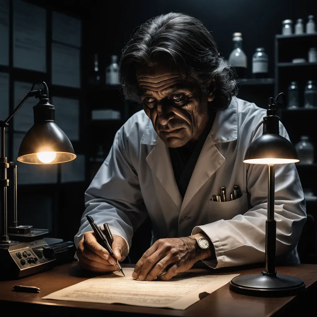 a man in a lab coat writing on a piece of paper with a lamp on the side of the desk, neoplasticism, a character portrait, Dirk Crabeth, promotional image
