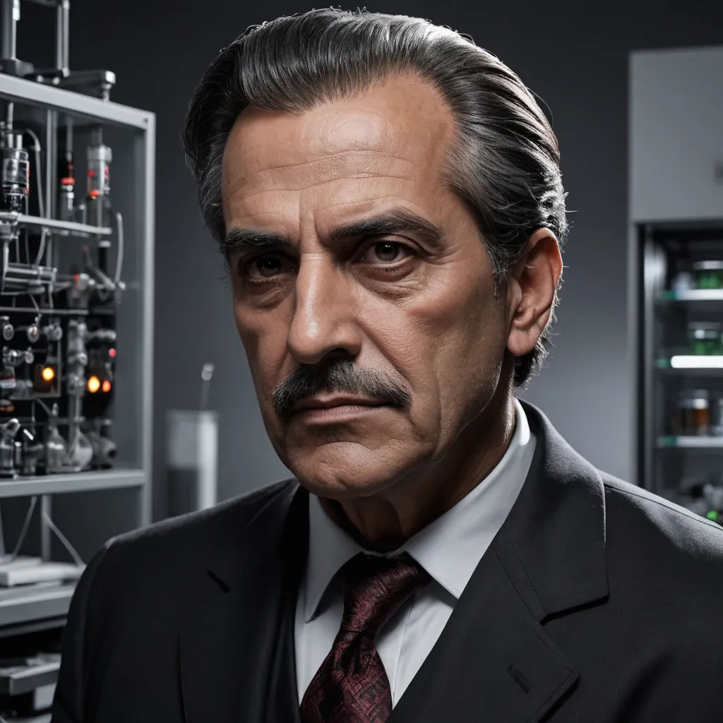 a man in a suit and tie in front of a lab filled with equipment and a clock on the wall, plasticien, a character portrait, Arthur Sarkissian, promotional image