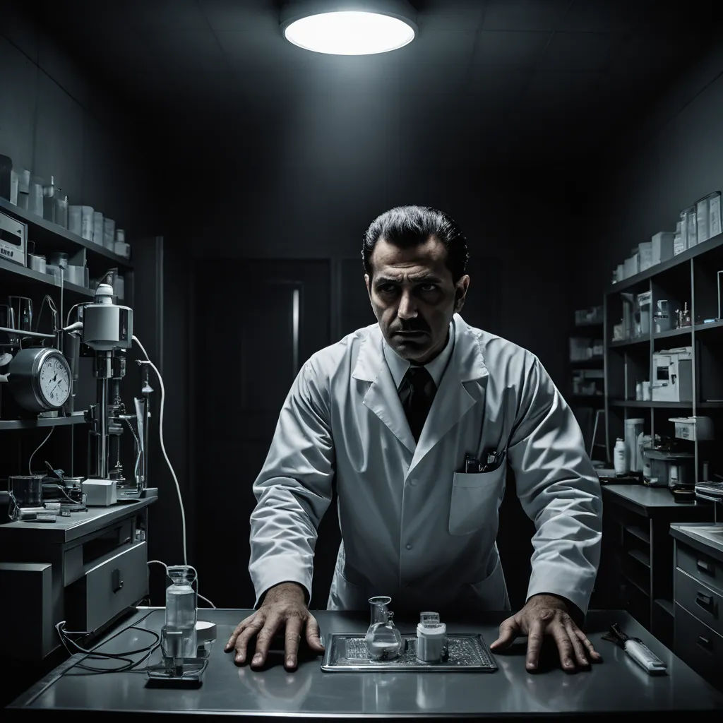 a man in a lab coat is looking at a computer screen with a lot of bottles on it and a light above him, neoplasticism, a character portrait, Arthur Sarkissian, promotional image