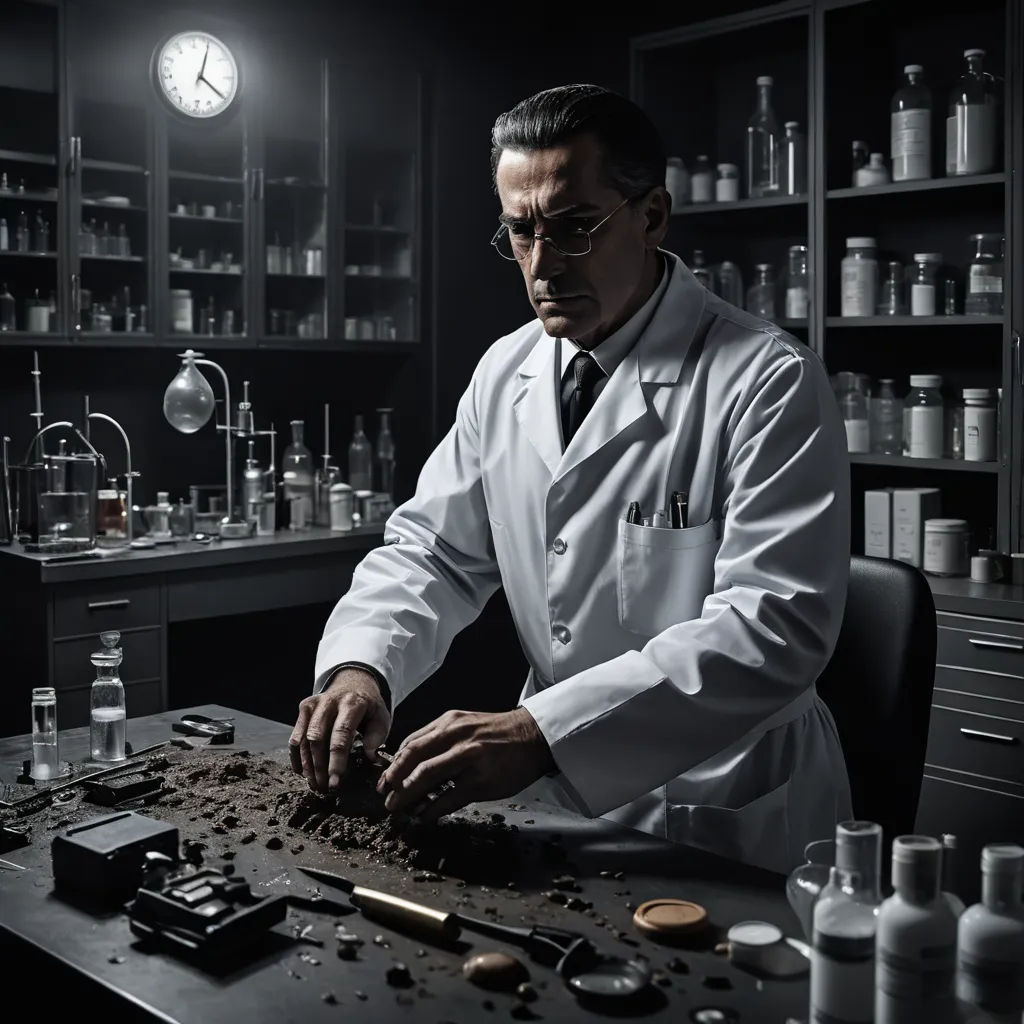 a man in a lab coat is working on a piece of metal in a dark room with shelves of glass bottles, neoplasticism, a character portrait, Christian W. Staudinger, promotional image