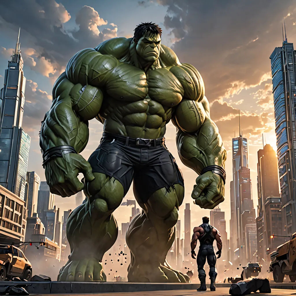 a man standing next to a giant hulk in a city with other people nearby in front of a huge building, photorealism, a computer rendering, Chris LaBrooy, rossdraws global illumination