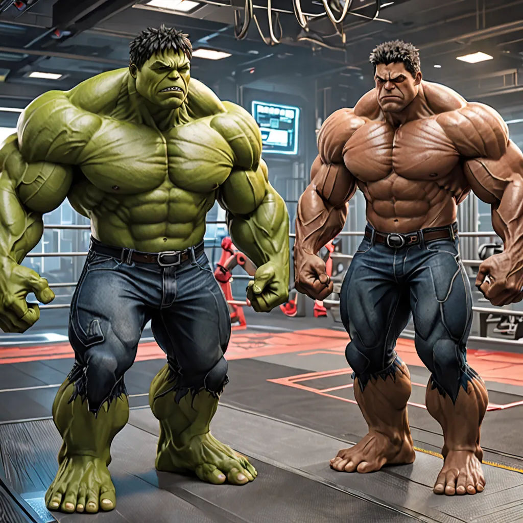 two statues of the same character in a gym area, one of them is a hulk and the other is a man, photorealism, a digital rendering, Anthony Palumbo, hyper real