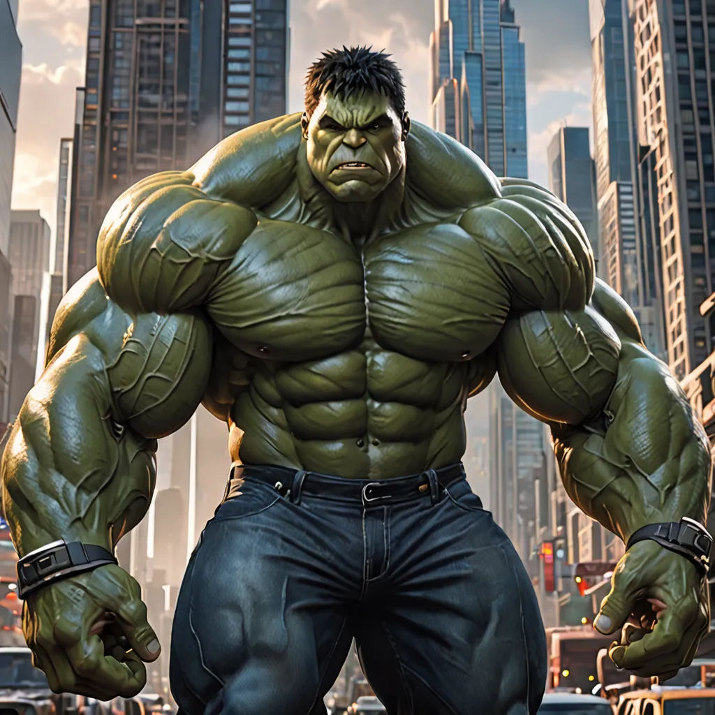 a man in a suit and tie standing in front of a giant hulk statue in a city street with skyscrapers, photorealism, a computer rendering, Anthony Palumbo, vfx