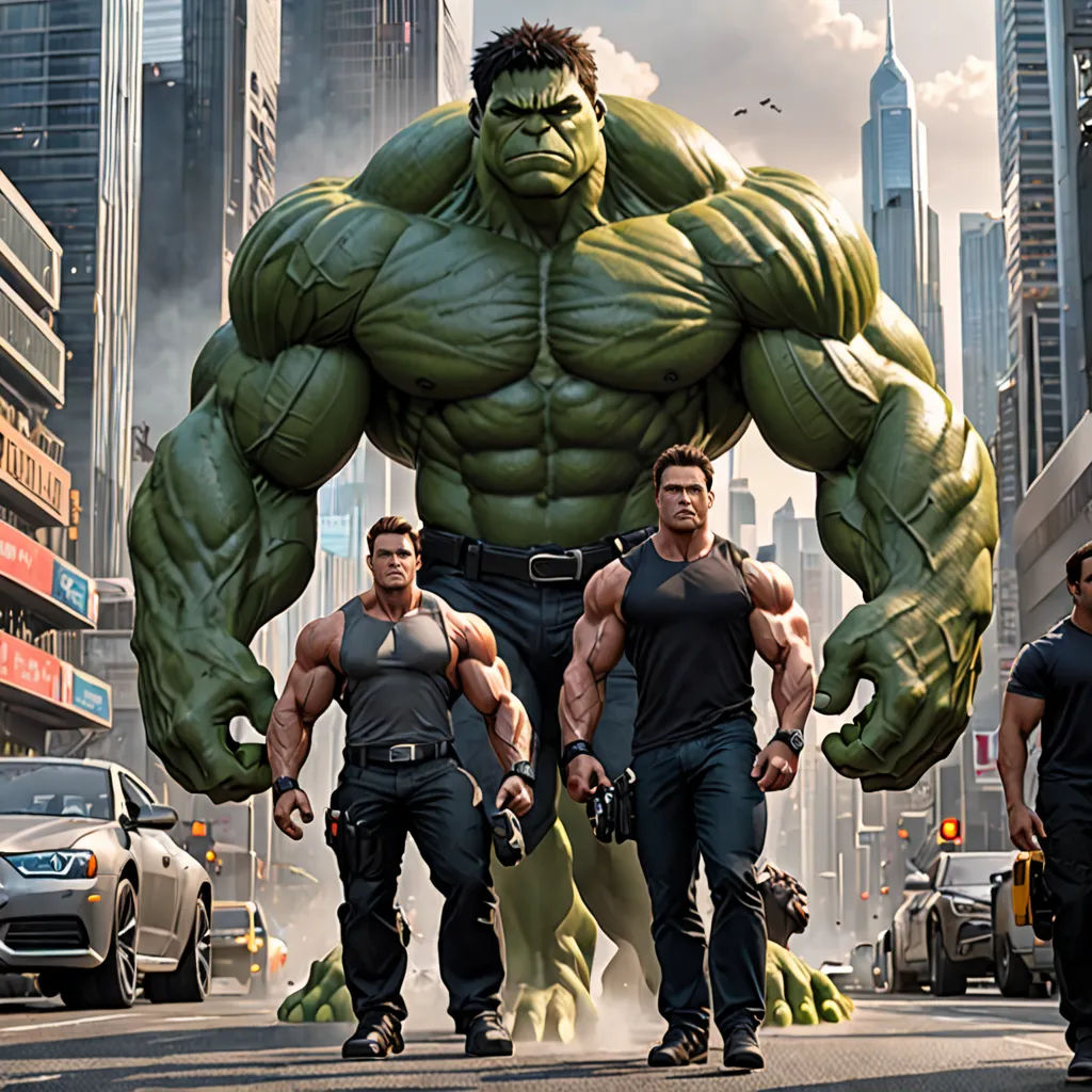 a group of men walking down a street next to a giant hulk character in the middle of the street, photorealism, a detailed matte painting, David Budd, vfx
