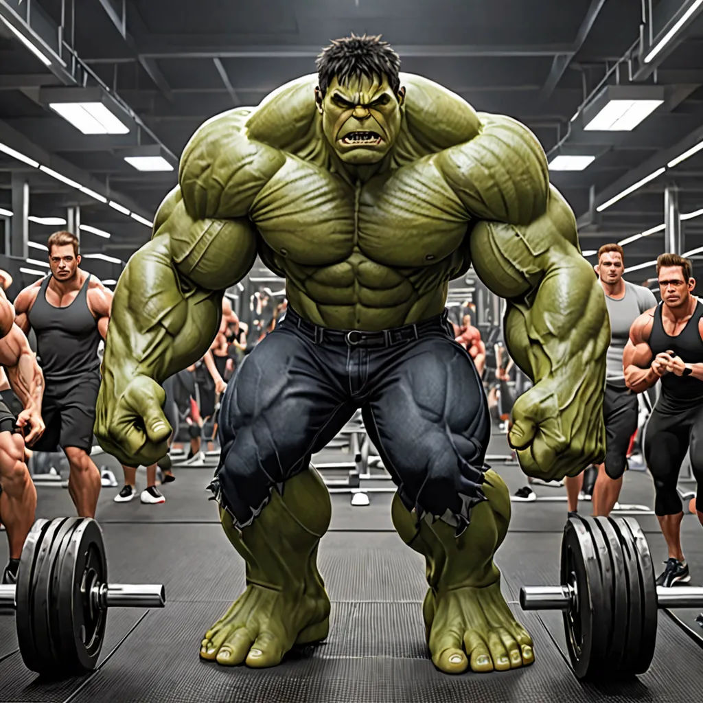 a group of people in a gym with a giant hulk statue in front of them and a man holding a barbell, photorealism, a computer rendering, Anthony Palumbo, vfx