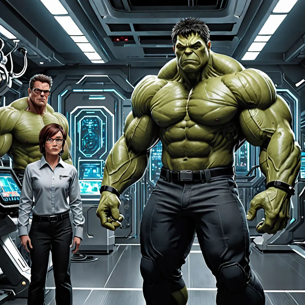 a man and a woman standing in a room with a hulk in the background and a man in the foreground, photorealism, a comic book panel, Anthony Palumbo, marvel comics