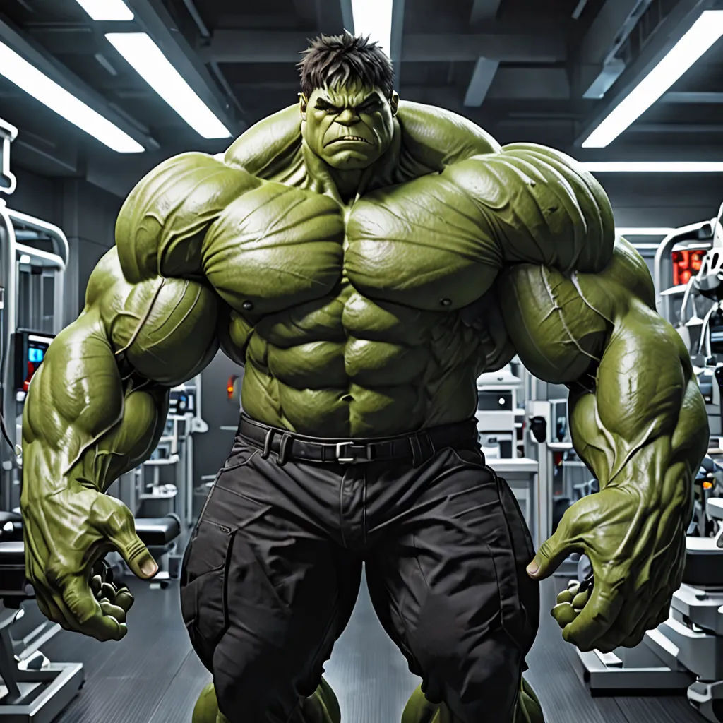 a man in a suit and a hulk costume standing in a gym with a huge hulk statue behind him, fantastic realism, a digital rendering, Anthony Palumbo, green