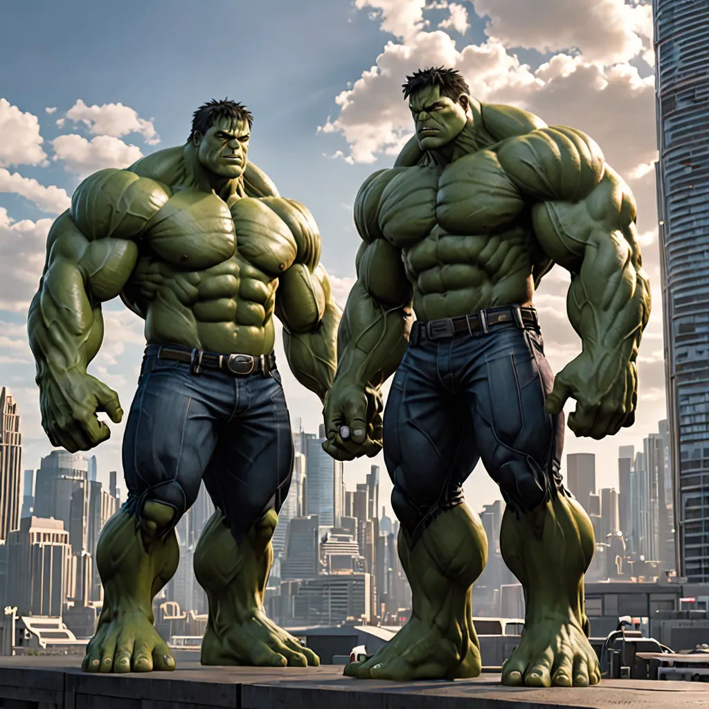 two giant hulks standing in front of a city skyline with skyscrapers in the background, one of them is looking at the camera, antipodeans, a digital rendering, Andries Both, vfx
