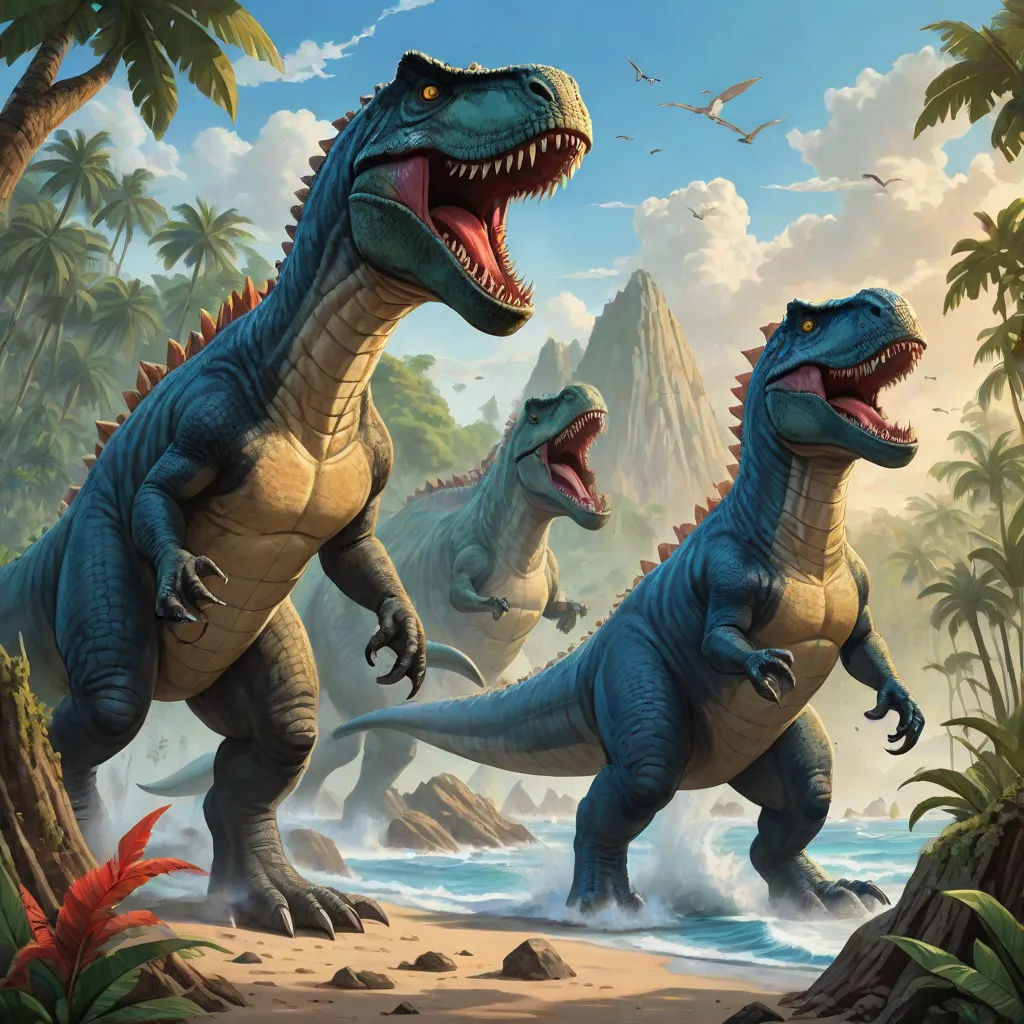two dinosaurs are walking on the beach together, with a mountain in the background and a bird flying overhead, concept art, Adam Rex, altermodern, magic the gathering artwork