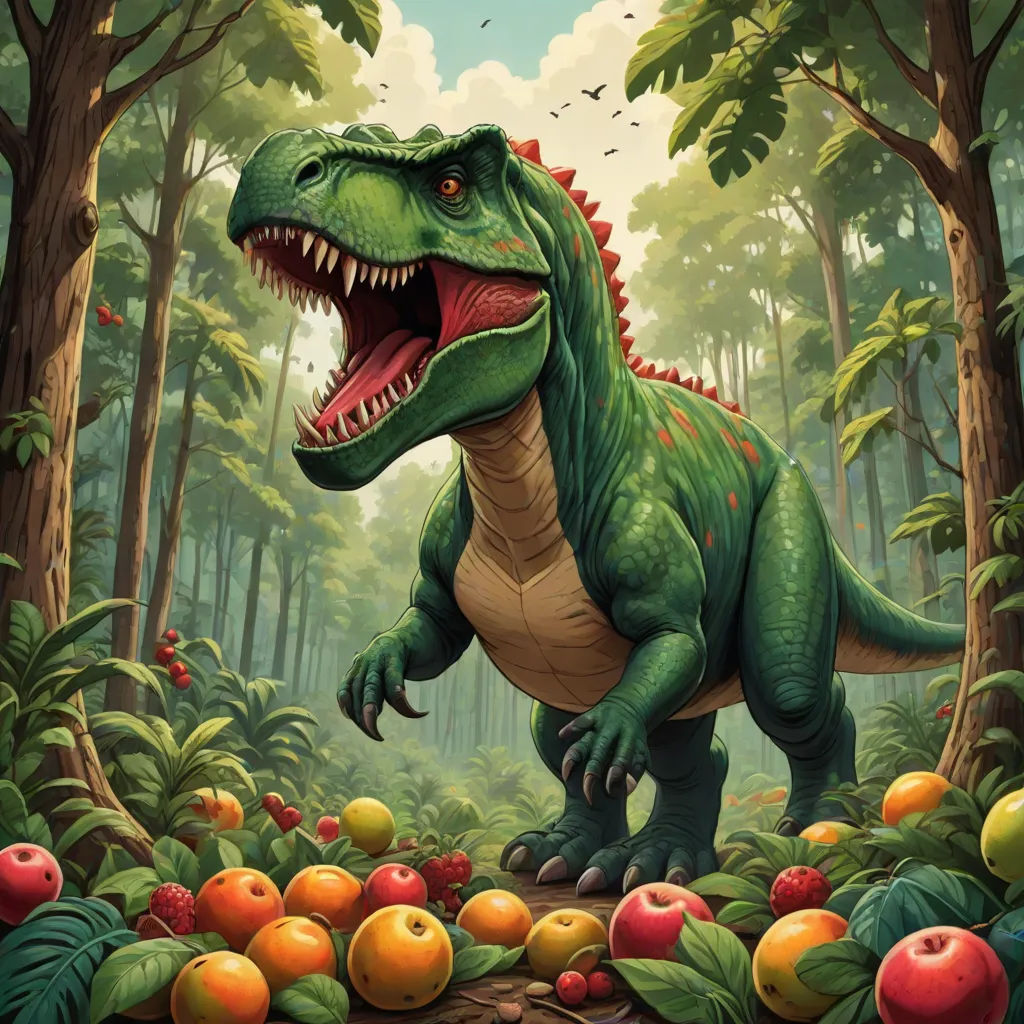 a dinosaur in a forest with apples and trees in the background, with a large mouth open and a large mouth wide open, a storybook illustration, Adam Rex, fantasy art, magic the gathering artwork