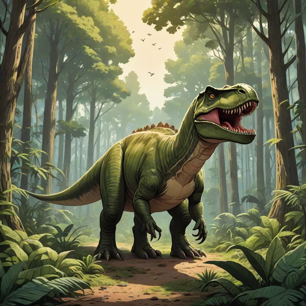 a dinosaur in a forest with trees and plants around it's neck and mouth open, with a bird flying overhead, concept art, Adam Rex, altermodern, magic the gathering artwork