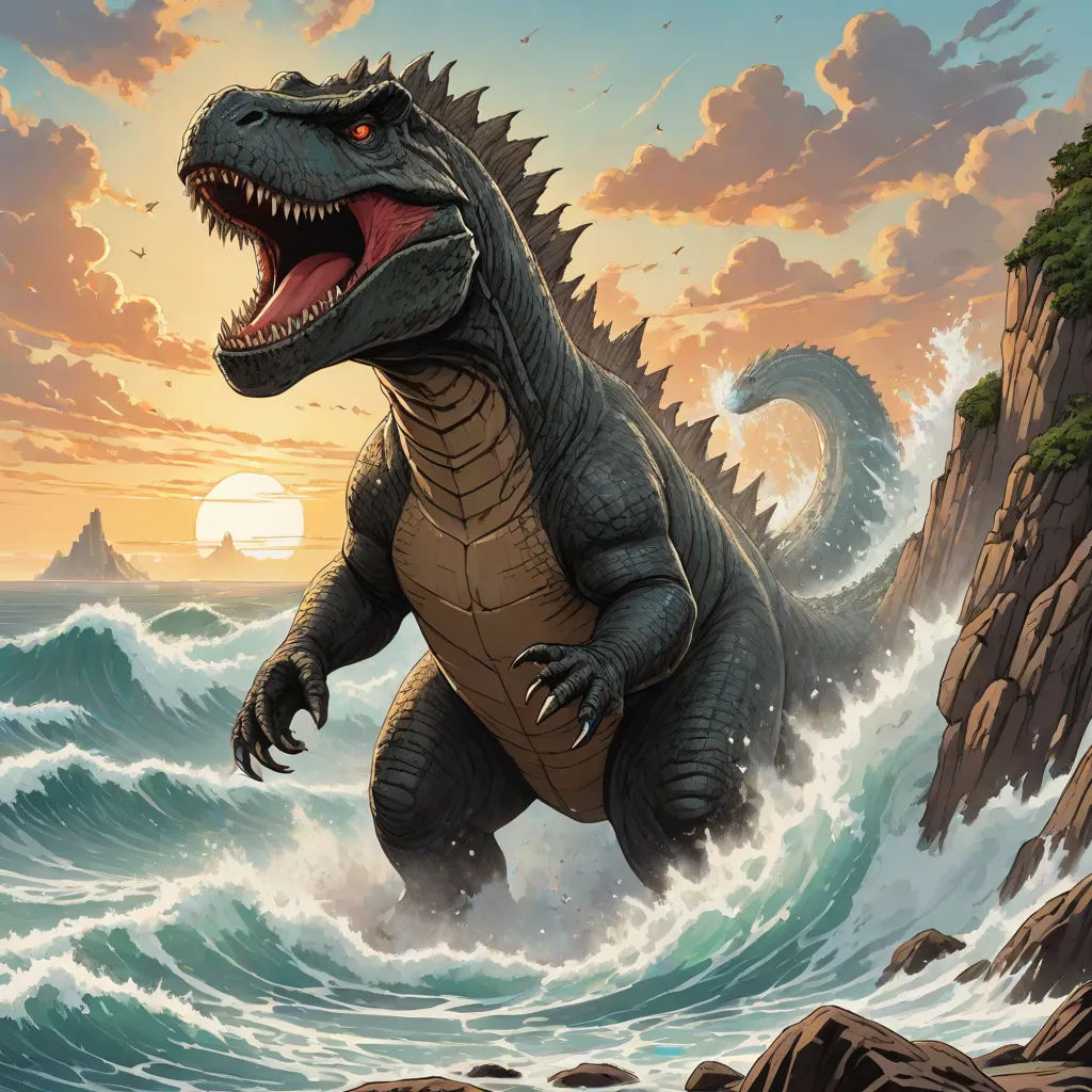 a large dinosaur standing on top of a wave covered ocean next to a rocky shore with a sun setting behind it, a comic book panel, Adam Rex, altermodern, magic the gathering artwork