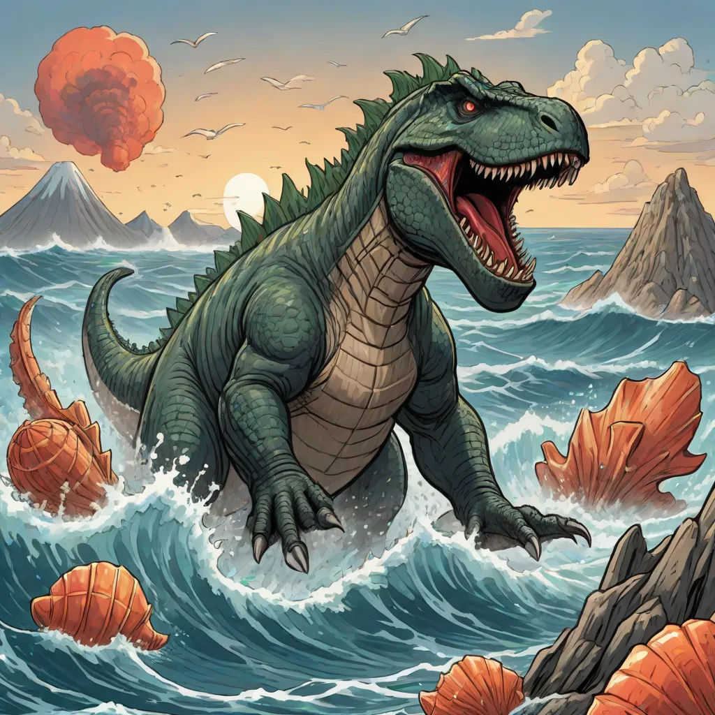 a large dinosaur is in the water with a mountain in the background and a wave crashing over it's head, a comic book panel, Adam Rex, altermodern, magic the gathering artwork