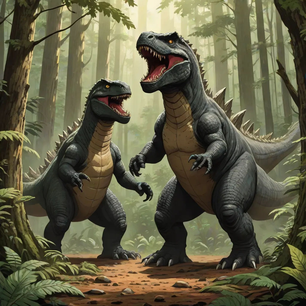 two dinosaurs are standing in the woods together, facing each other and facing each other with their mouths open, concept art, Brothers Hildebrandt, altermodern, magic the gathering artwork