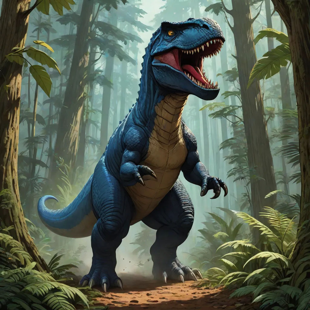 a dinosaur in the middle of a forest with trees and bushes around it, with its mouth open and teeth wide open, concept art, Adam Rex, altermodern, magic the gathering artwork