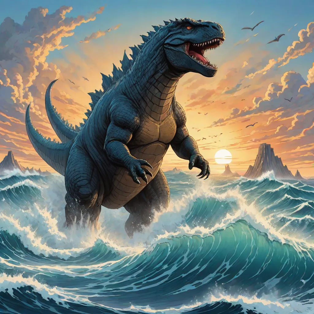 a godzilla is standing in the ocean with a sunset in the background and birds flying overhead in the sky, poster art, Adam Rex, altermodern, magic the gathering artwork