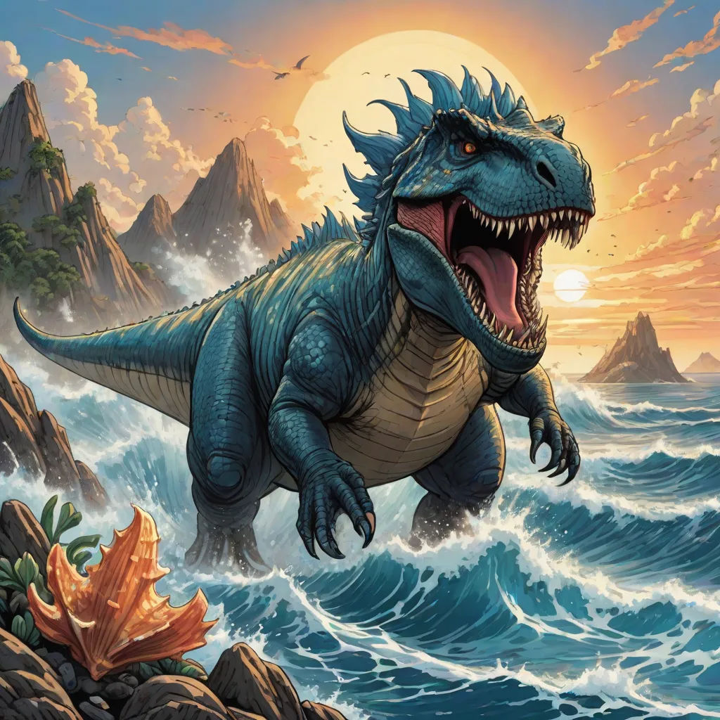 a dinosaur is in the water with a mountain in the background and a sun in the sky above it, concept art, Adam Rex, altermodern, magic the gathering artwork