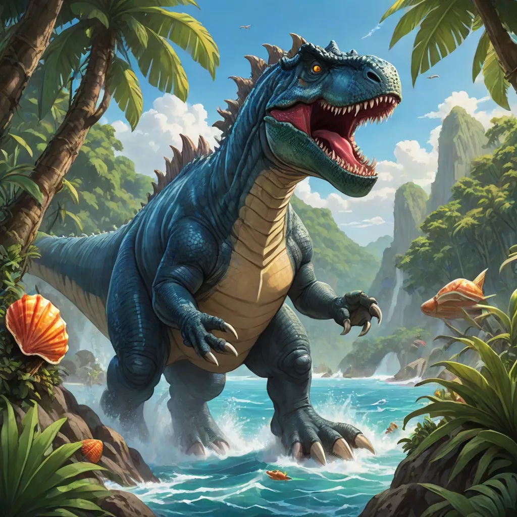 a dinosaur is standing in the water near a forest and rocks with a fish in it's mouth, concept art, Adam Rex, altermodern, magic the gathering artwork