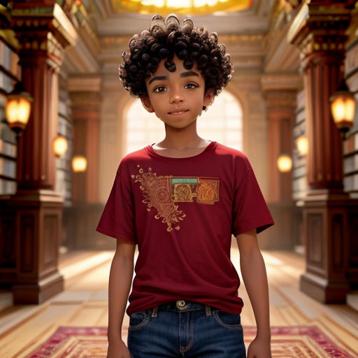 a young boy standing in a hallway with a red shirt on and a red rug on the floor and a light fixture in the background