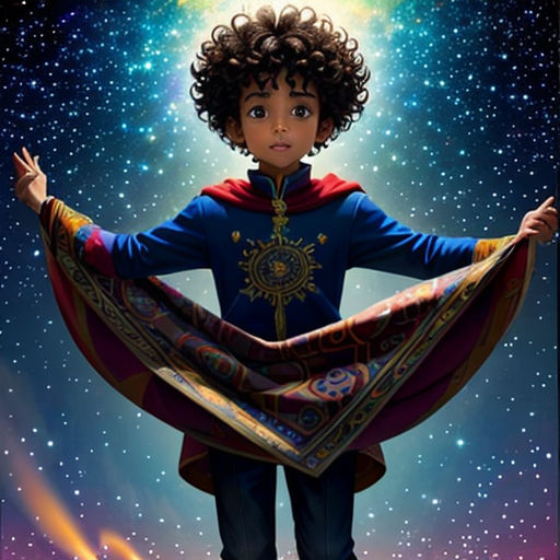 a young boy with a blanket around his shoulders and a star in the background, with a bright light shining on him