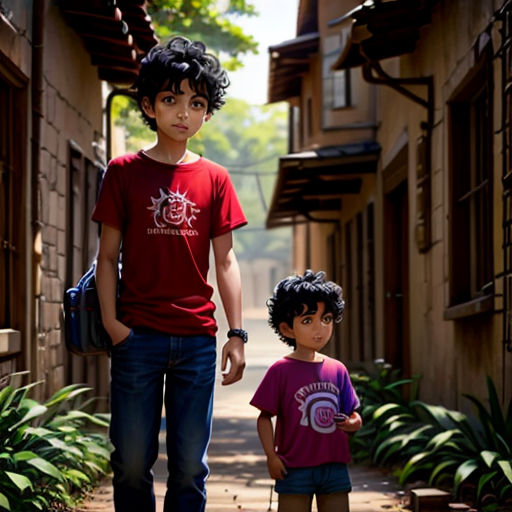 a man and a child walking down a street together in the daytime time, with a backpack on their shoulder